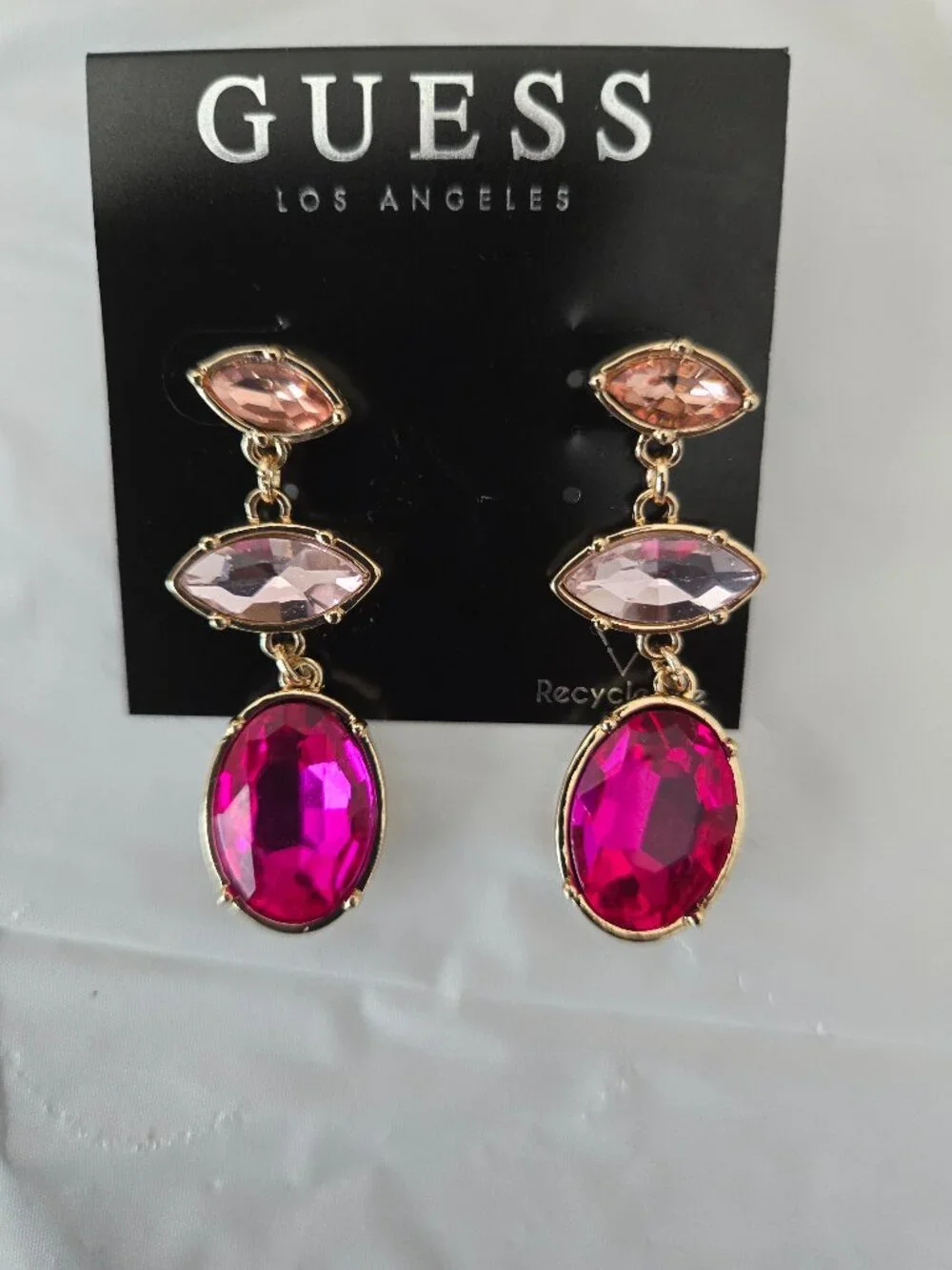GUESS Pink Crystal Drop Earrings Gold Tone Statement New